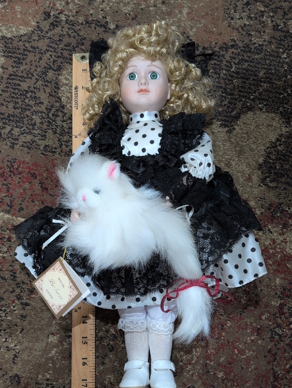 Porcelain Collector Doll with White Plush Cat - Polka Dot Dress